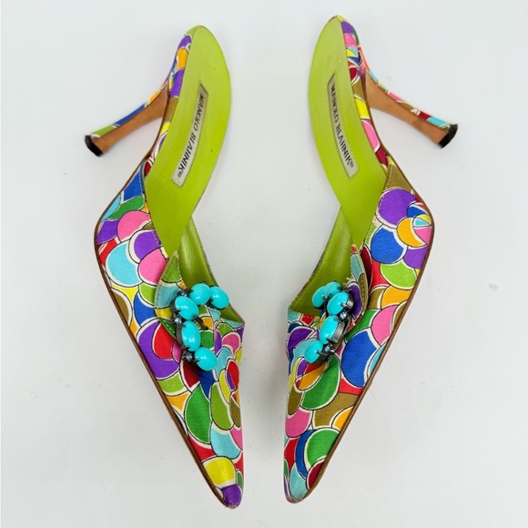 Manolo Blahnik Blue Green Multicolor Atomica Turquoise Buckle Mule pumps EU 37 - Picture 3 of 9